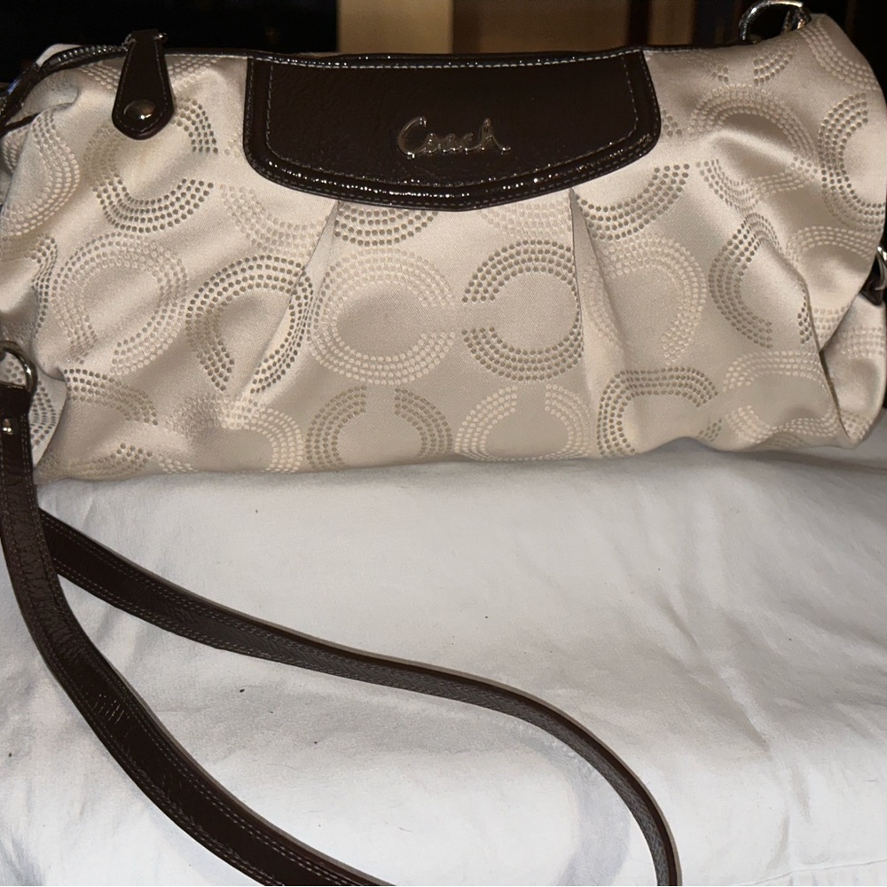 Coach Ashley OP Dotted Art Shoulder Bag  Cream with Brown Leather Trim